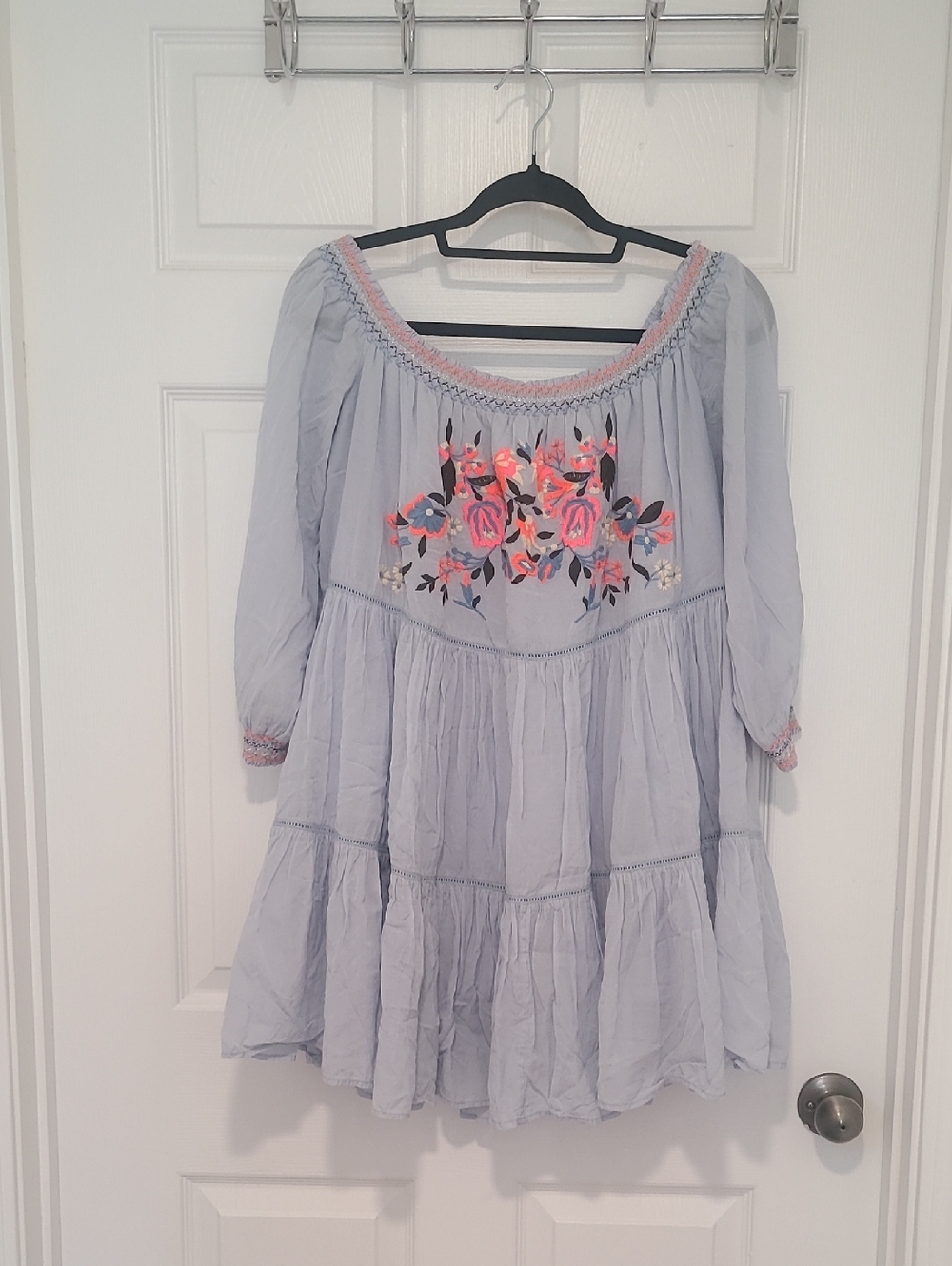Free People Light Blue Embroidered Floral Tiered Dress